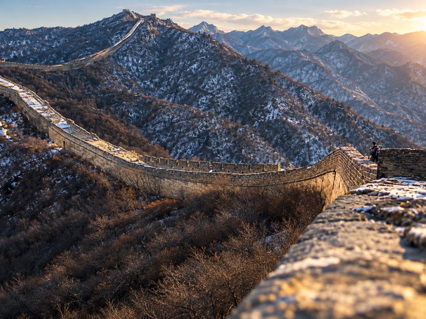 The Great Wall winding along snow-dusted ridges near Badaling