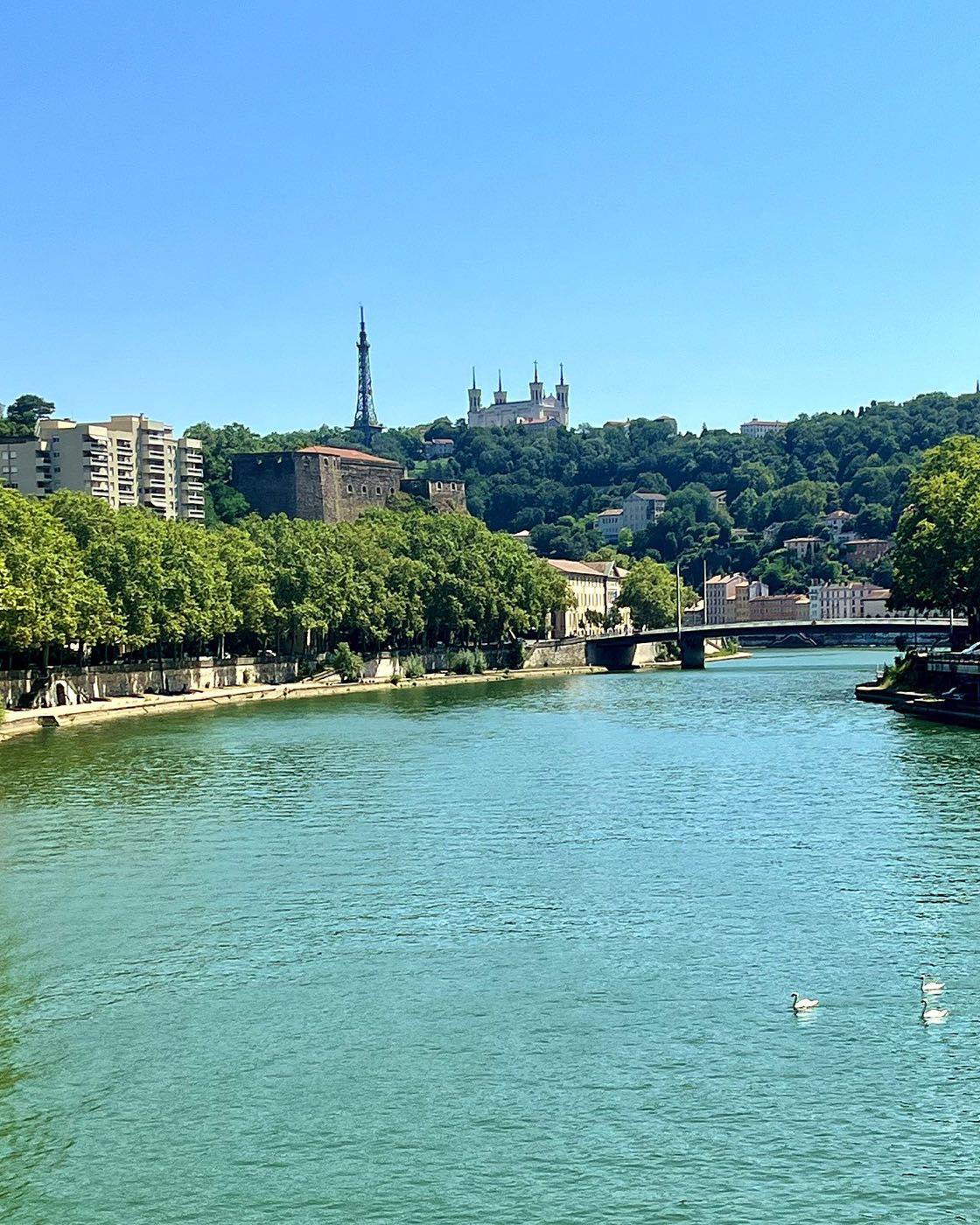 The Saône river in Lyon with Fourvière hill and its basilica above the trees