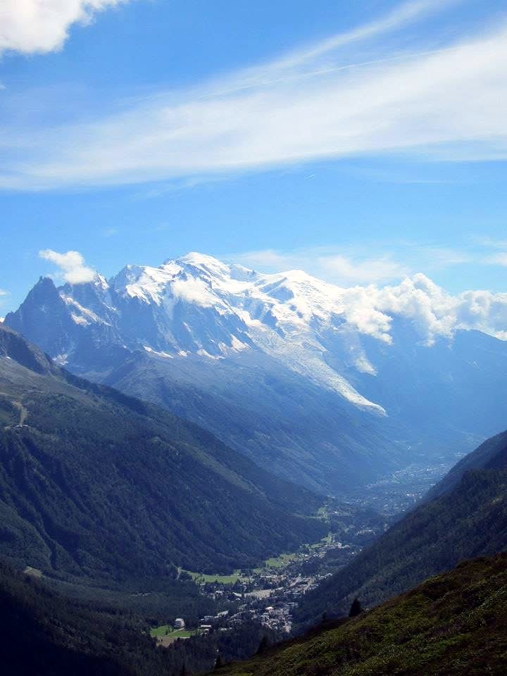 Mont Blanc's glaciers above the green Chamonix valley under a blue sky